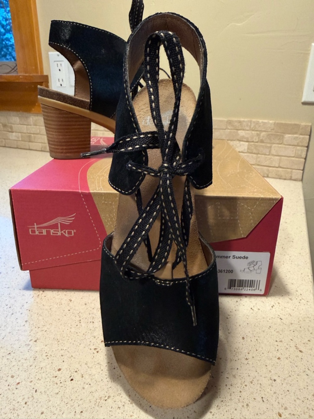 Dansko Black Suede Lace-Up Block Heel Sandals